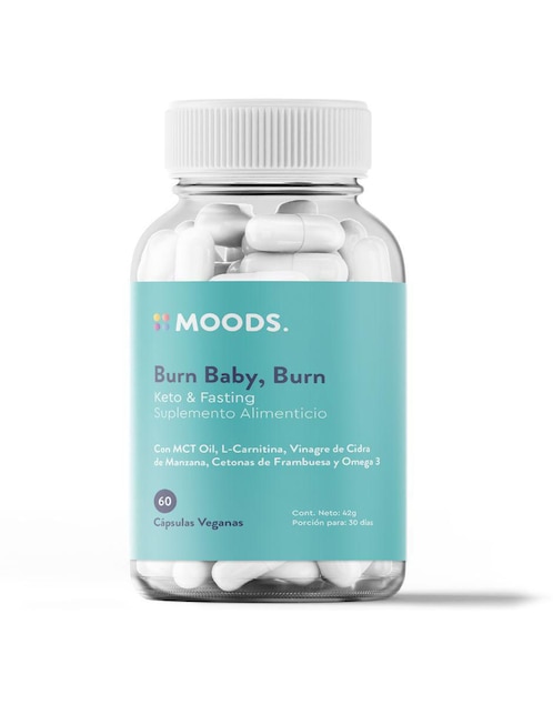 Burn Baby Burn con gluconato de magnesio, vinagre de sidra de manzana, mct oil, carbonato de calcio, cloruro de sodio, omega 3, cetonas de frambuesa, l-carnitina y dioxido de silicio de 60 cápsulas