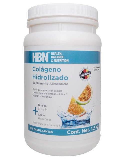 Colágeno hidrolizado naranja-maracuyá HBN con biotina y ácido hialurónico sabor naranja 1.2 kg