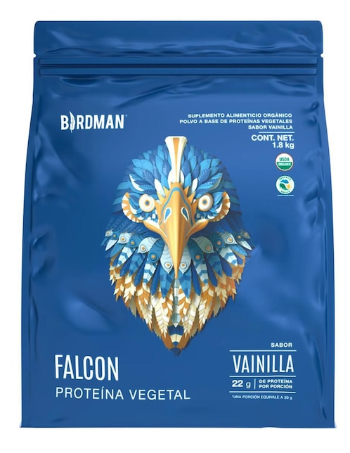 Proteína vegetal Birdman Falcon con proteína de arroz, proteína de chícharo y probióticos sabor vainilla 1.8 kg