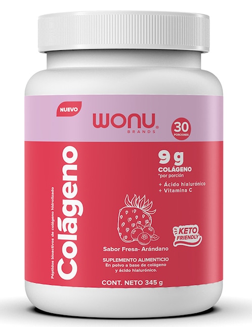 Colágeno hidrolizado Wonu con ácido hialurónico y vitamina C sabor fresa y arándano 345 g