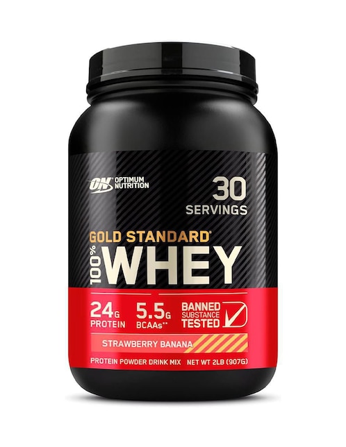 Optimum Nutrition Gold Standard 100% Whey con proteína de suero de leche sabor fresa y plátano