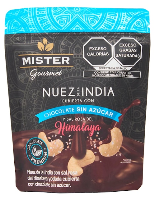 MISTER Nuez de la india cubierta con chocolate sin azúcar y sal rosa del himalaya Mister