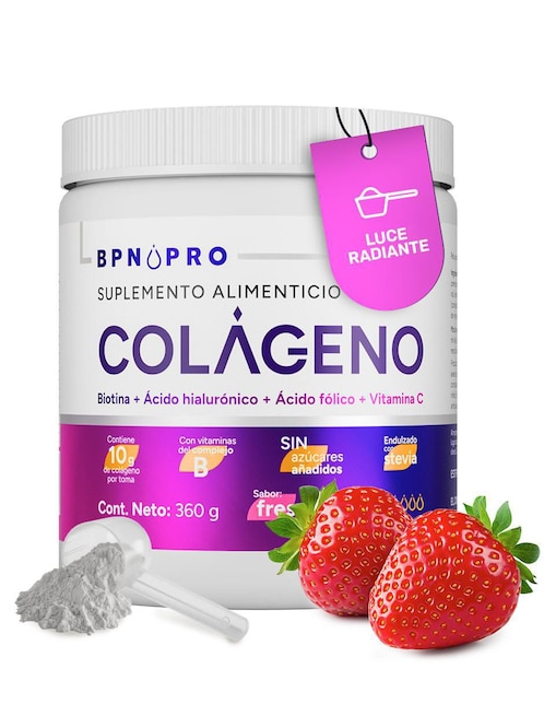 Colágeno Bpn Pro con Biotina, Ácido hialurónico, Ácido fólico y Vitamina C sabor fresa de 360 g