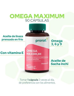 Suplemento Omega Maximum Pronat con omega 3 ,6 y 9, aceite de salmón, aceite de linaza y aceite de oliva extra virgen de 90 cápsulas