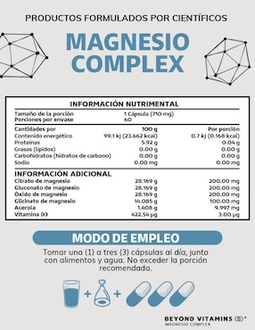 Magnesio Complex con 4 magnesios Beyond Vitamins con citrato de magnesio, glicinato de magnesio, gluconato de magnesio y óxido de magnesio sabor natural de 60 cápsulas