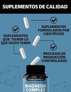 Magnesio Complex con 4 magnesios Beyond Vitamins con citrato de magnesio, glicinato de magnesio, gluconato de magnesio y óxido de magnesio sabor natural de 60 cápsulas