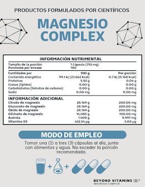 Magnesio Complex con 4 magnesios Beyond Vitamins con citrato de magnesio, glicinato de magnesio, gluconato de magnesio y óxido de magnesio sabor natural de 150 cápsulas