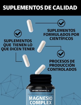 Magnesio Complex con 4 magnesios Beyond Vitamins con citrato de magnesio, glicinato de magnesio, gluconato de magnesio y óxido de magnesio sabor natural de 150 cápsulas