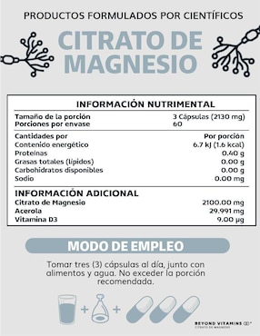 Citrato de magnesio 100% puro de 2100 mg Beyond Vitamins con citrato de magnesio de 180 cápsulas