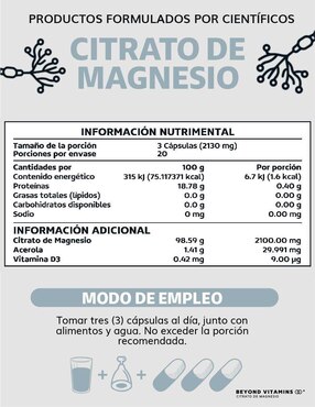 Citrato de magnesio 100% puro de 2100 mg Beyond Vitamins con citrato de magnesio sabor natural de 60 cápsulas