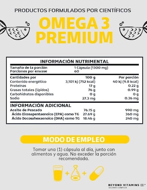 Omega 3 Ultra Puro aceite de pescado Beyond Vitamins sabor natural de 60 cápsulas