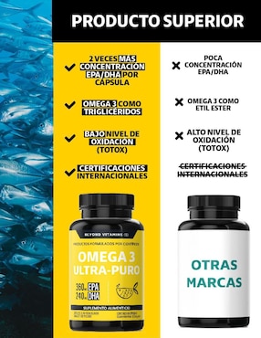 Omega 3 Ultra Puro aceite de pescado Beyond Vitamins sabor natural de 60 cápsulas