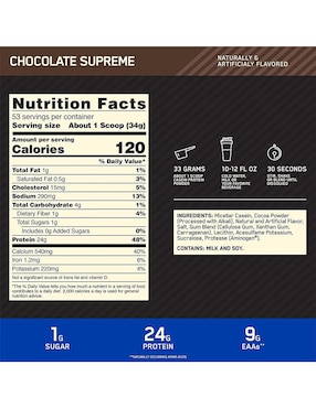 Gold Standard 100% Casein Optimum Nutrition con proteína de suero de leche sabor chocolate