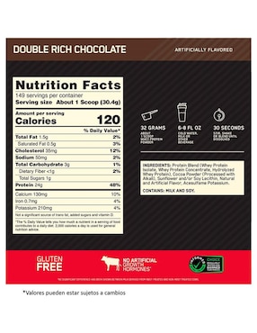 Gold Standard 100% Whey Optimum Nutrition con proteína de suero de leche sabor doble chocolate 4.5 kg