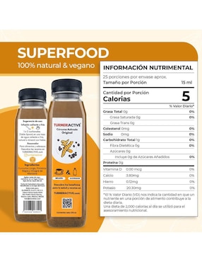 Concentrado Líquido de Cúrcuma Activada con Pimienta Negra y Vinagre de Manzana Turmeriactive sabor jengibre de 375 ml