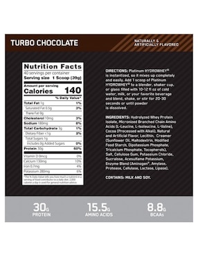 Optimum Nutrition Platinum Hydro Whey con proteína de suero de leche sabor chocolate