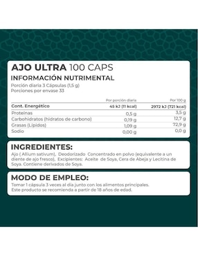 Ajo Ultra Pronat con concentrado de ajo de 100 cápsulas