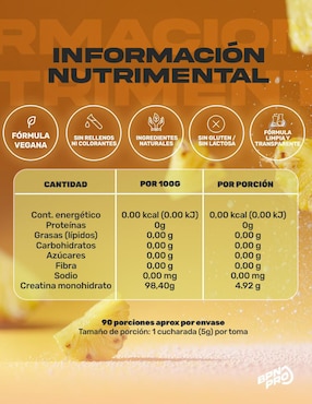 Creatina Monohidratada Micronizada BPN PRO con fórmula pura sabor piña de 450 g