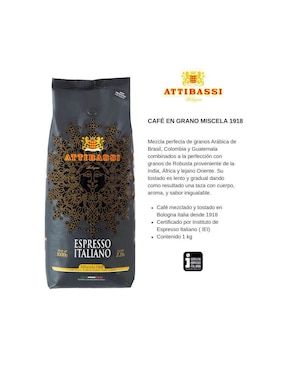 Café de grano sabor tostado de italia Attibassi miscela 1918 1 kg