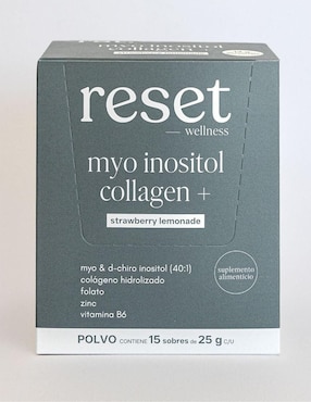 Myo Inositol Collagen + Reset Wellness con colágeno hidrolizado sabor limonada rosa de 15 sobres