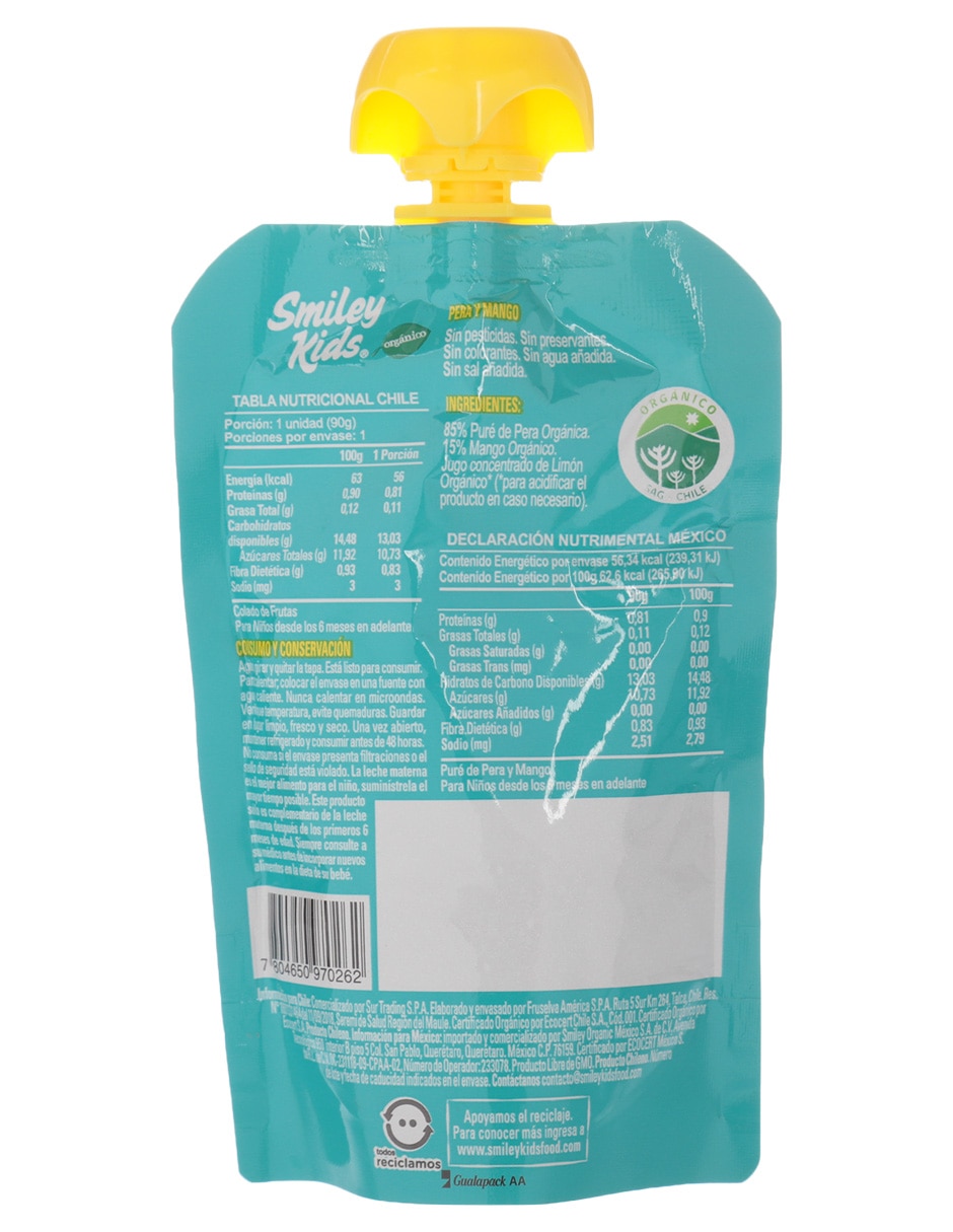 Puré de pera y mango libre de químicos 90 g 2
