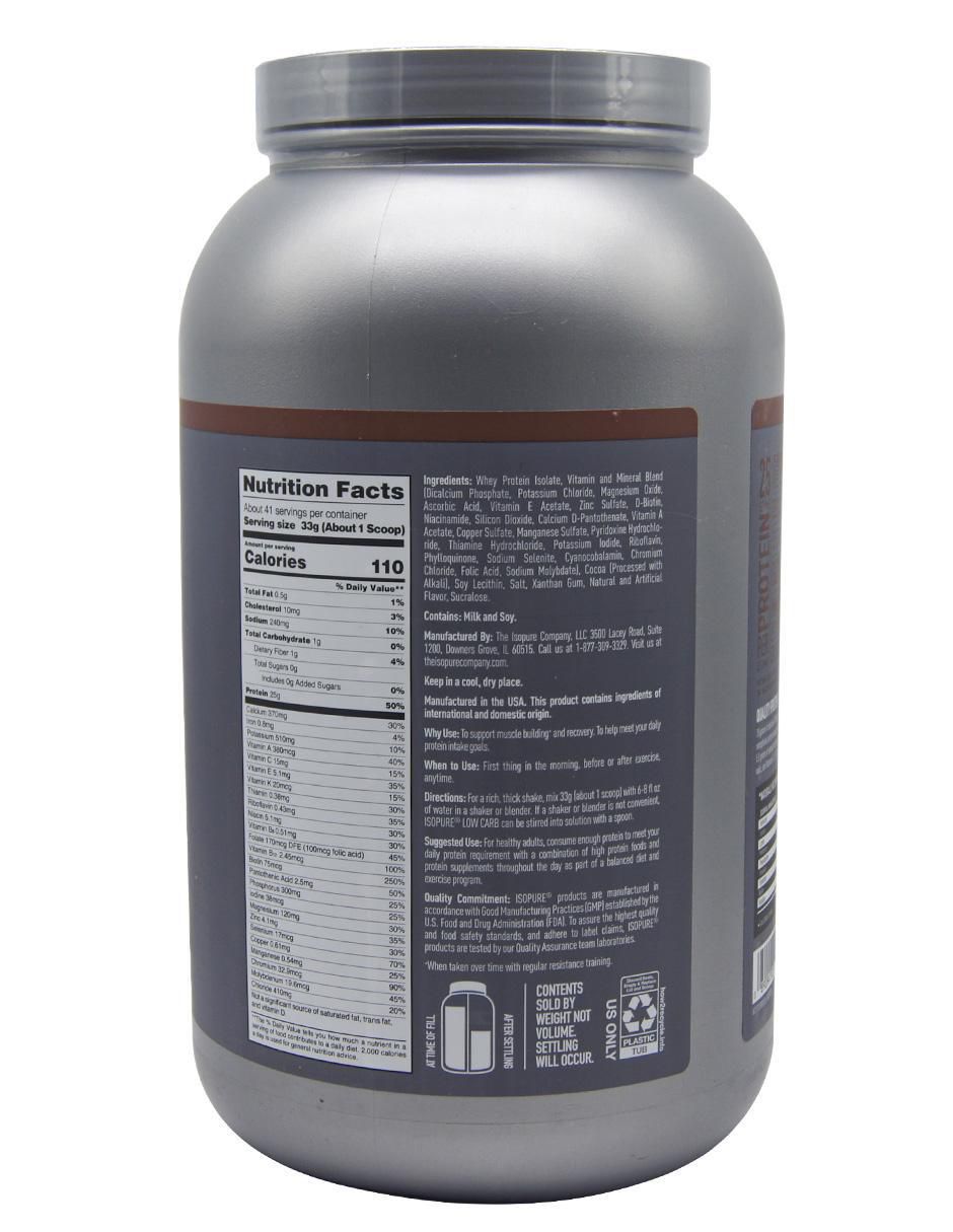 Low Carb Protein Dutch Isopure sabor chocolate y cocoa de 3 lb 3