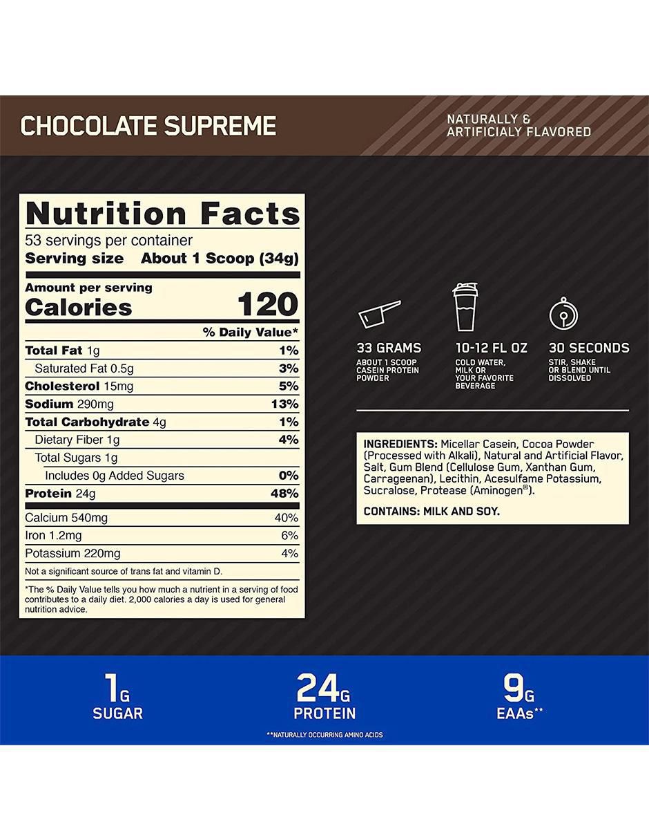 Gold Standard 100% Casein Optimum Nutrition con proteína de suero de leche sabor chocolate 3