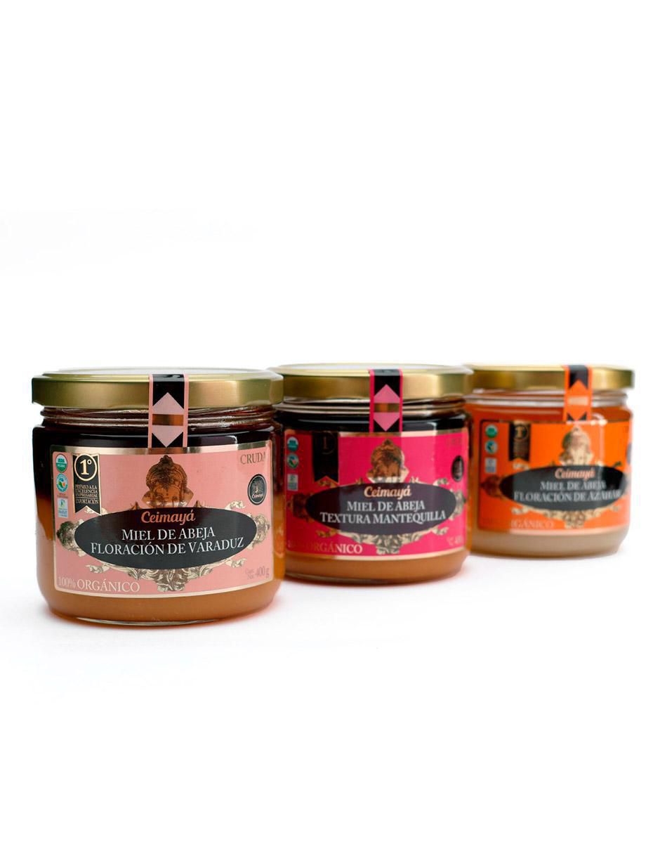 Kit de tres mieles 100% orgánicas. Miel floración de azahar, miel textura mantequilla y miel floración de varaduz Ceimayá