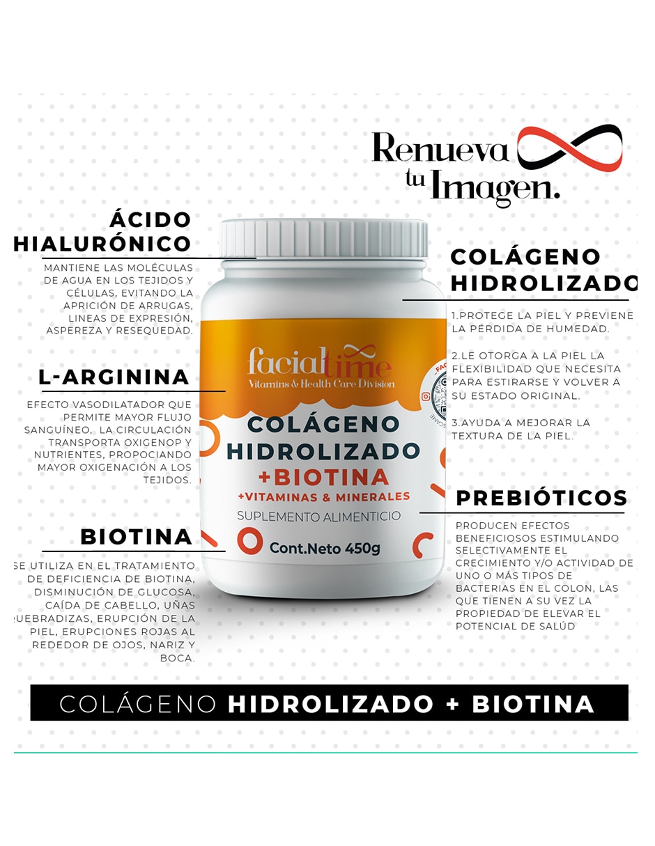 Kit de suplementos alimenticios de Colágeno hidrolizado con Biotina FacialTime 450 G Facialtime 3