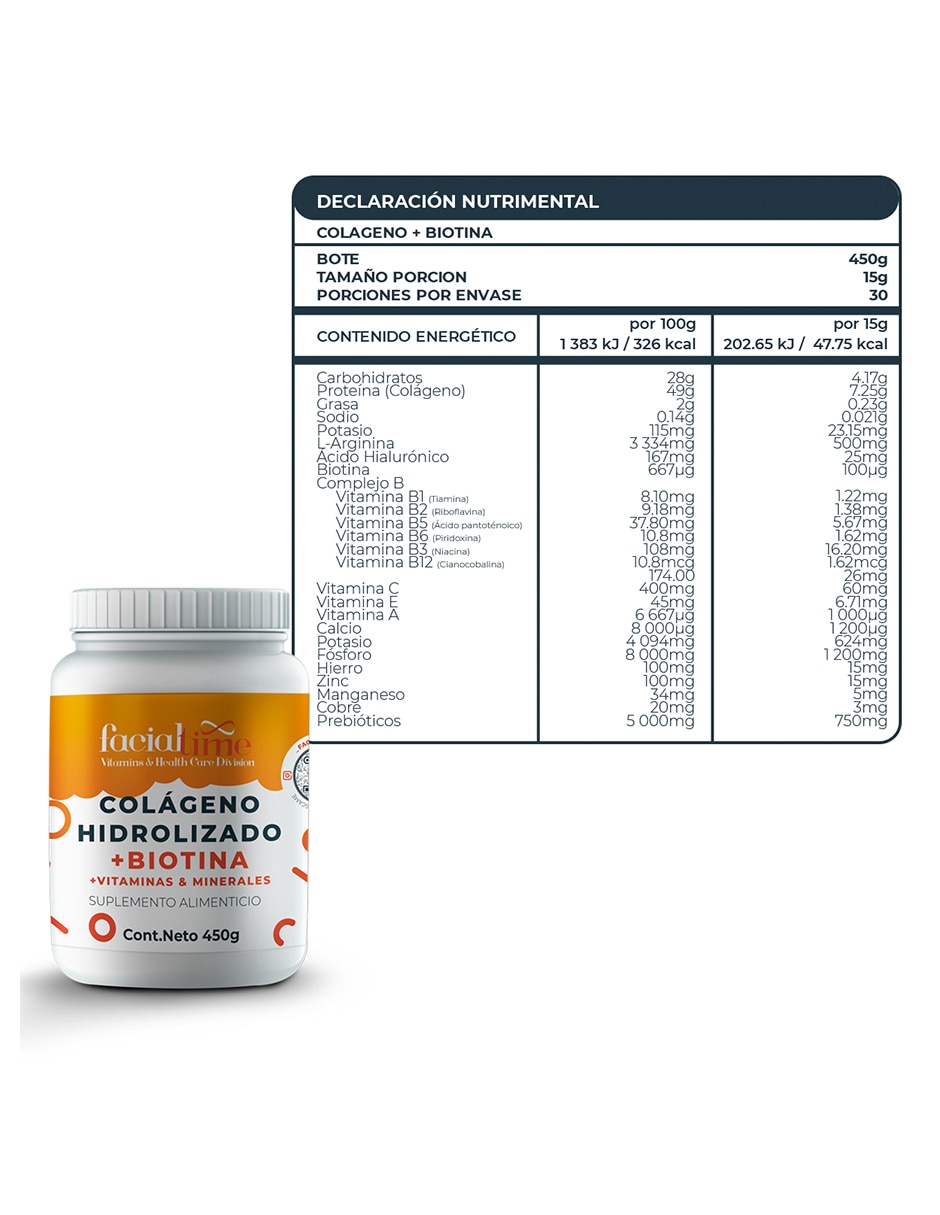 Kit de suplementos alimenticios de Colágeno hidrolizado con Biotina FacialTime 450 G Facialtime 4