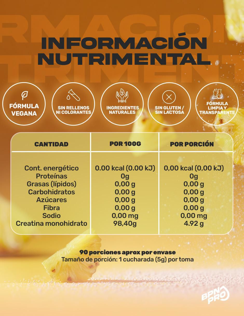 Creatina Monohidratada Micronizada con fórmula pura sabor piña de 450 g 4