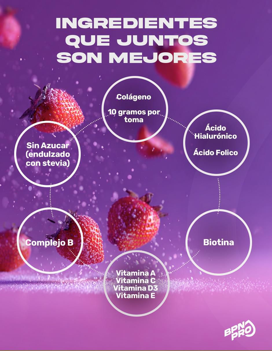 Colágeno con Biotina, Ácido hialurónico, Ácido fólico y Vitamina C sabor fresa de 360 g 4