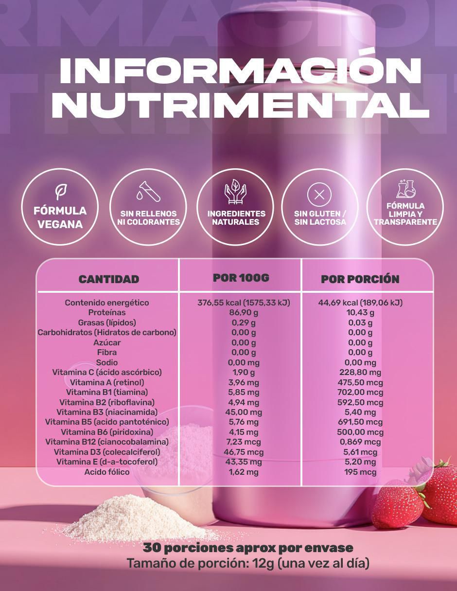 Colágeno con Biotina, Ácido hialurónico, Ácido fólico y Vitamina C sabor fresa de 360 g 9